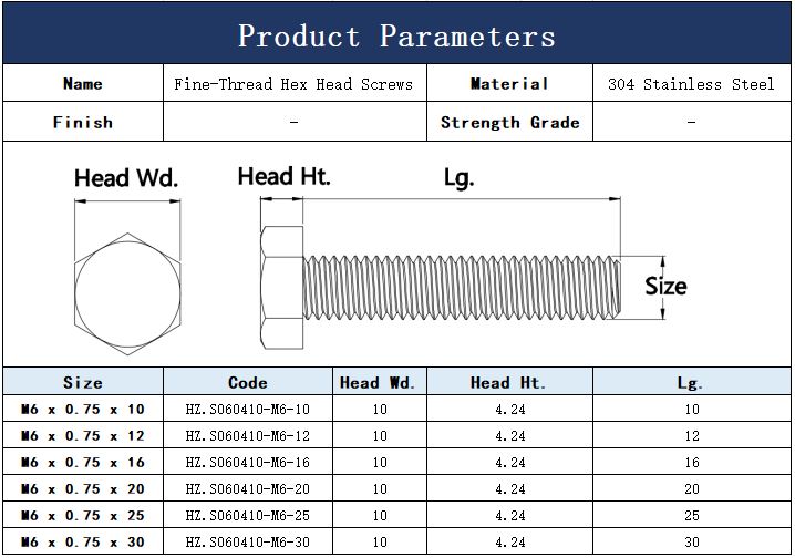 DIN933 M6 Fine Thread 304 Stainless Steel Hex Head Bolts Fastener 